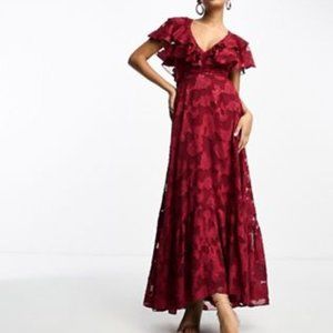 ASOS DESIGN v front v back ruffle maxi dress with flutter sleeve and tie back in